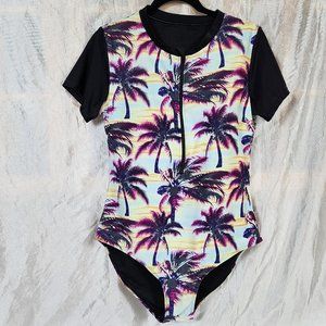 Women's sz XL Zip Front Palm Tree Print Short Sleeve Swim Suit - EXCELLENT